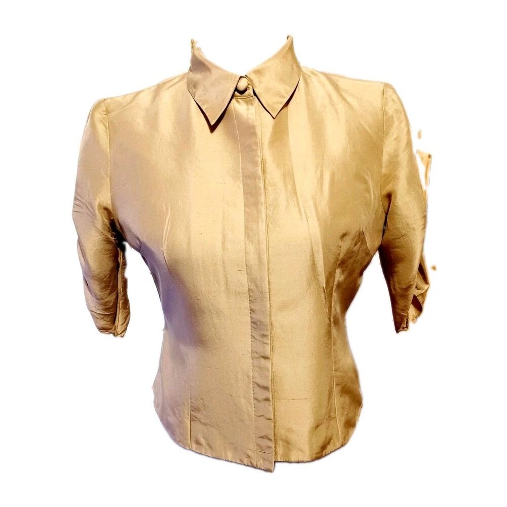 Papell Vintage Gold Silk Hidden Button Up Blouse Women's Size 8P